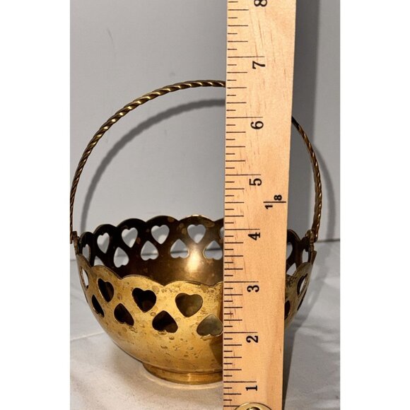 Vintage Brass Heart Cutout Basket With Twisted Handle - 5" Diameter x 4" Height - Picture 6 of 6